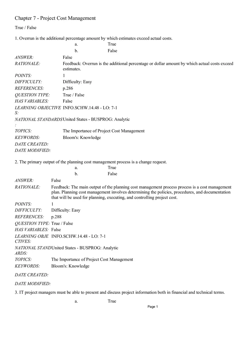 Chapter 7 Project Cost Management True False - Page 1