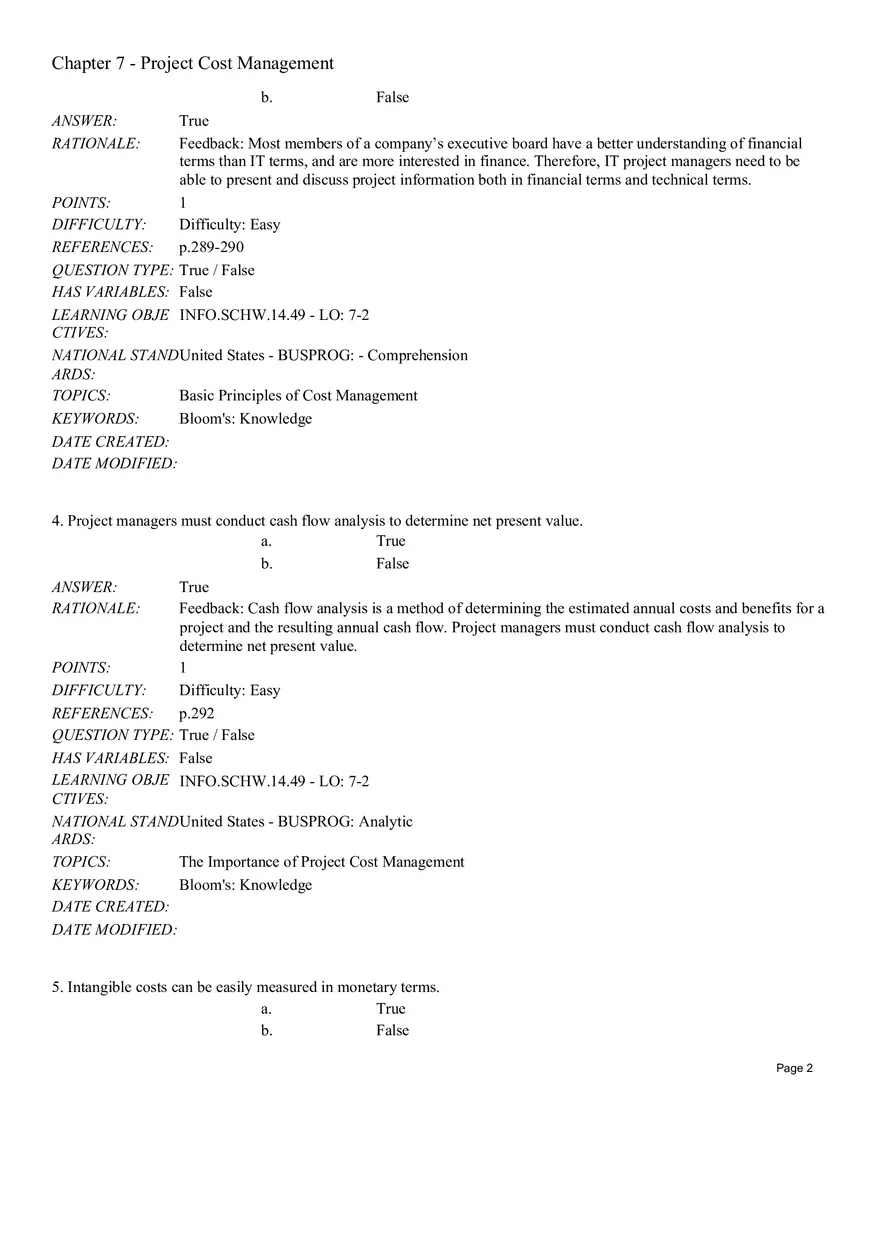 Chapter 7 Project Cost Management True False - Page 2