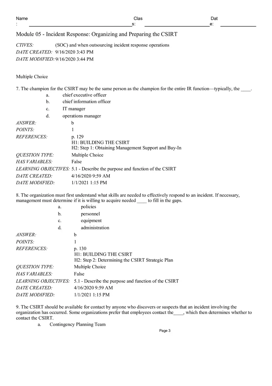 Incident Response Organizingand Preparing the CSIRT True False - Page 8