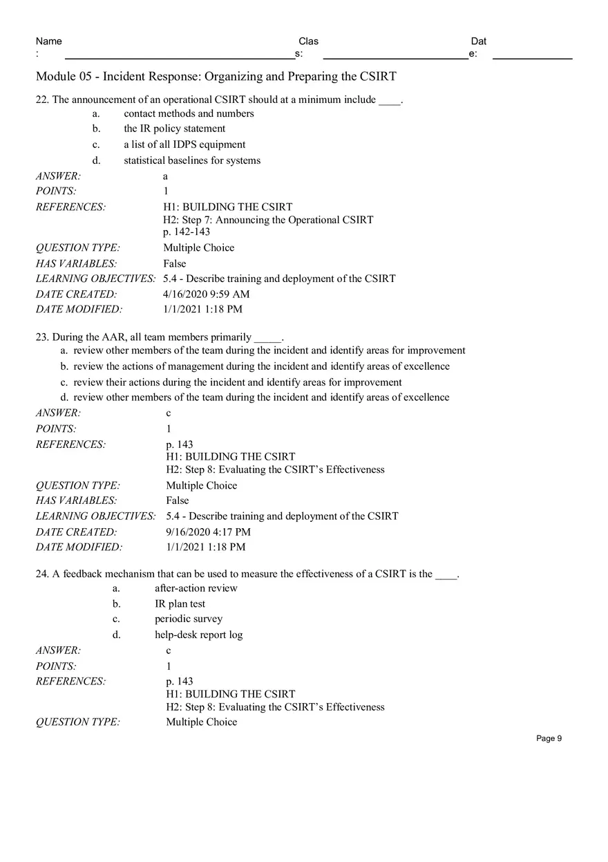 Incident Response Organizingand Preparing the CSIRT True False - Page 14