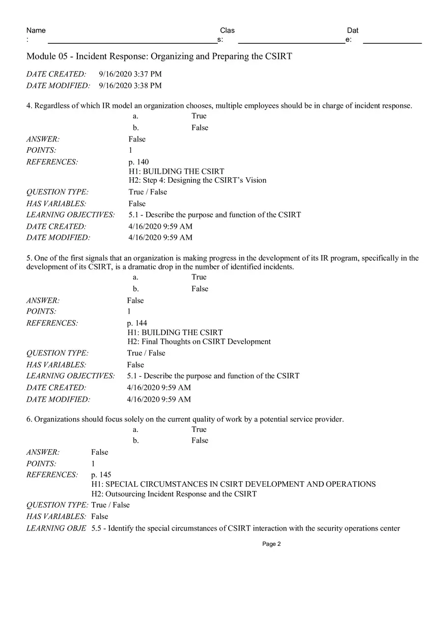 Incident Response Organizingand Preparing the CSIRT True False - Page 2