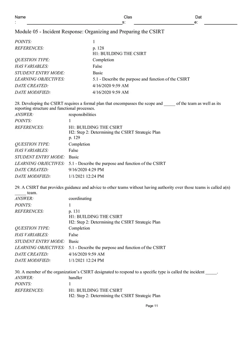 Incident Response Organizingand Preparing the CSIRT True False - Page 3