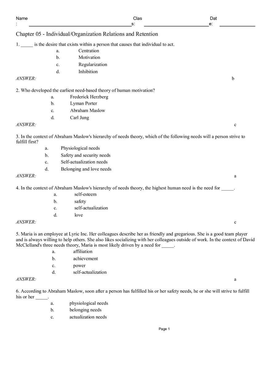 Chapter 05 Individual Organization Relations and Retention Multiple Choice - Page 1