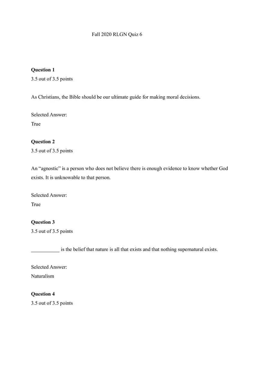 Religion Fall 2020 Quiz 6 - Page 1
