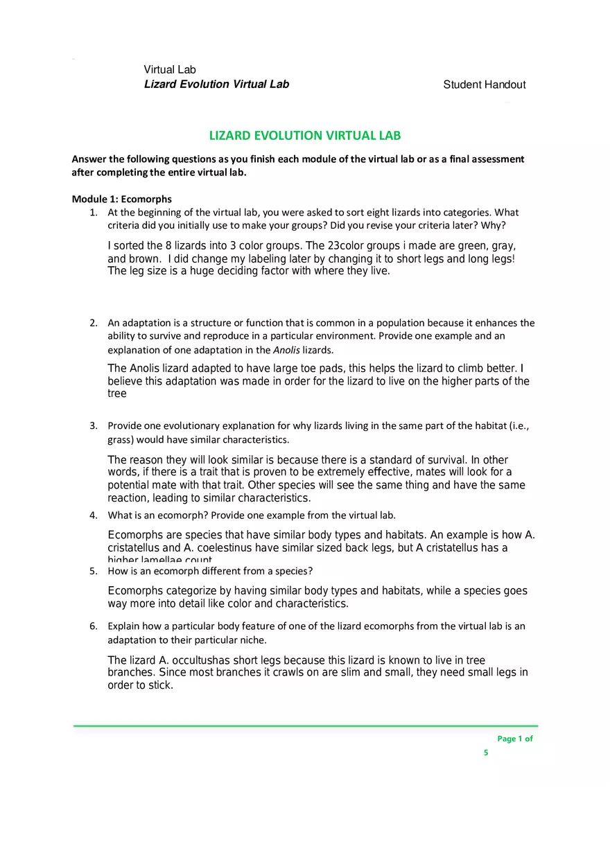 Lizard Evolution Virtual Lab - Page 1