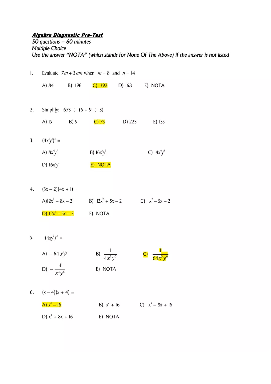Algebra Diagnostic Pre-Test - Page 1