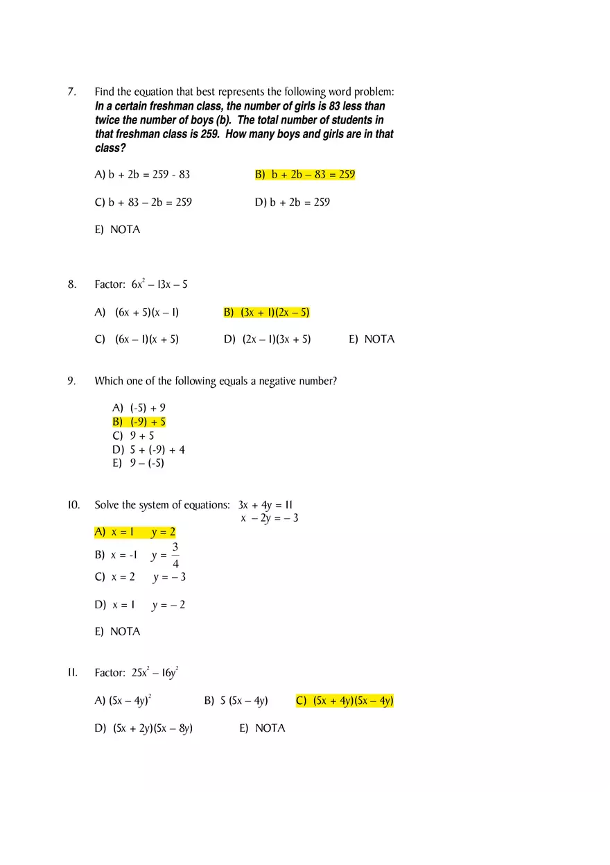 Algebra Diagnostic Pre-Test - Page 2