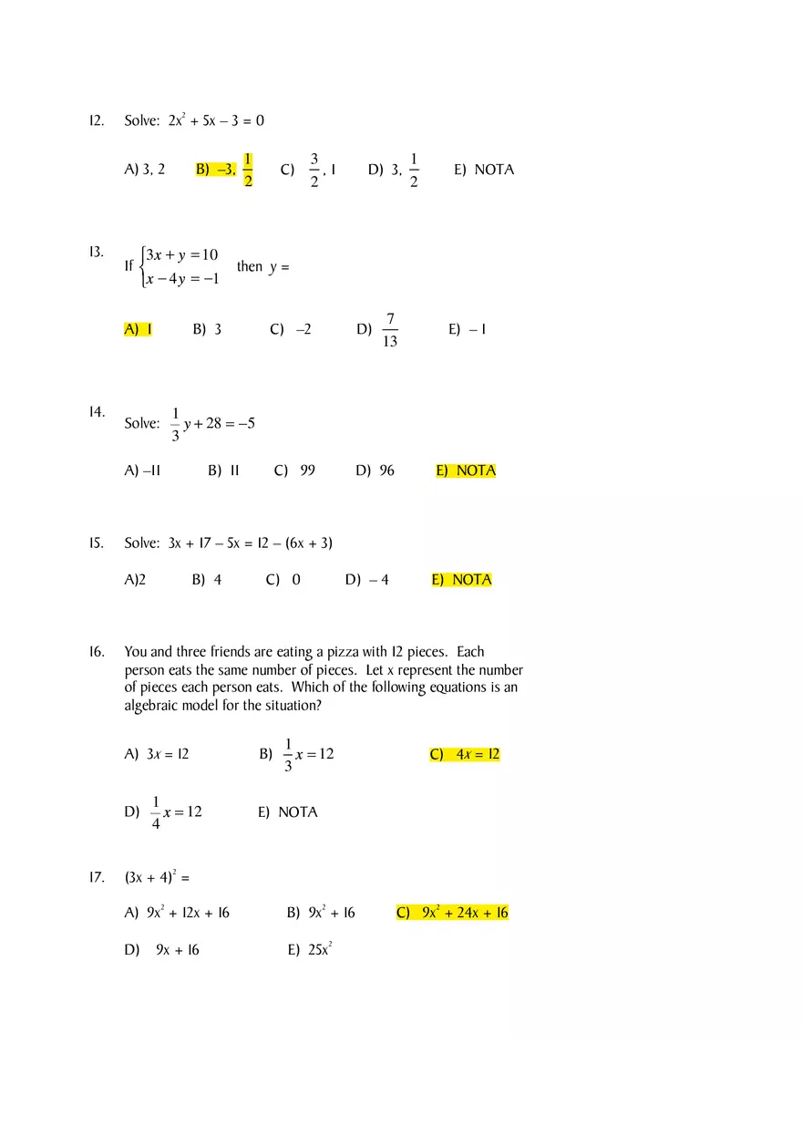 Algebra Diagnostic Pre-Test - Page 3