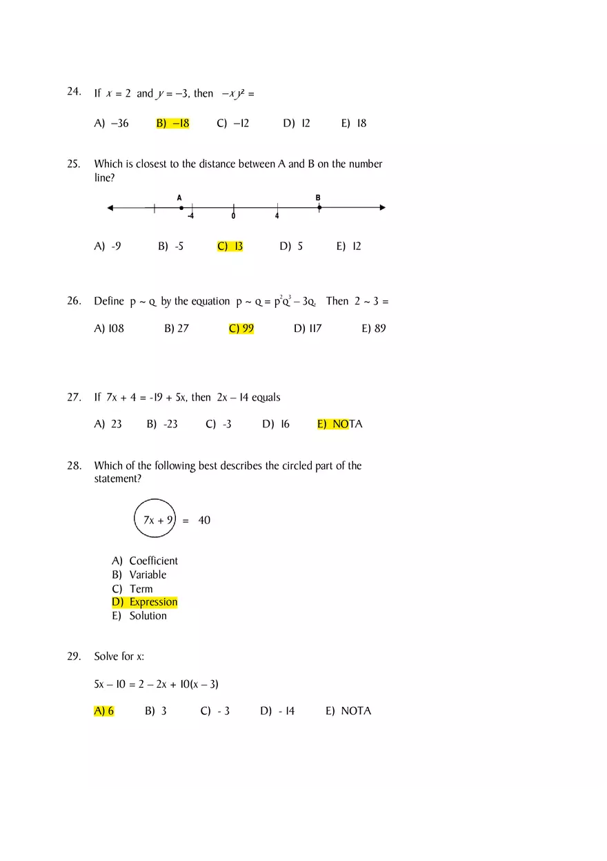 Algebra Diagnostic Pre-Test - Page 5