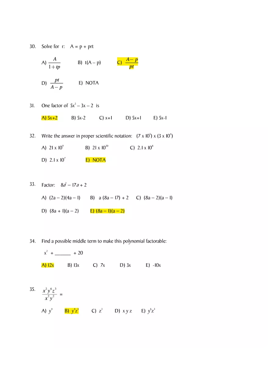 Algebra Diagnostic Pre-Test - Page 6