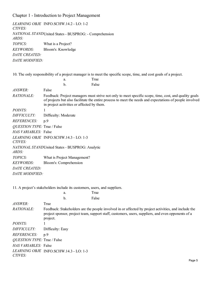 Chapter 1 Introduction to Project Management True False - Page 9