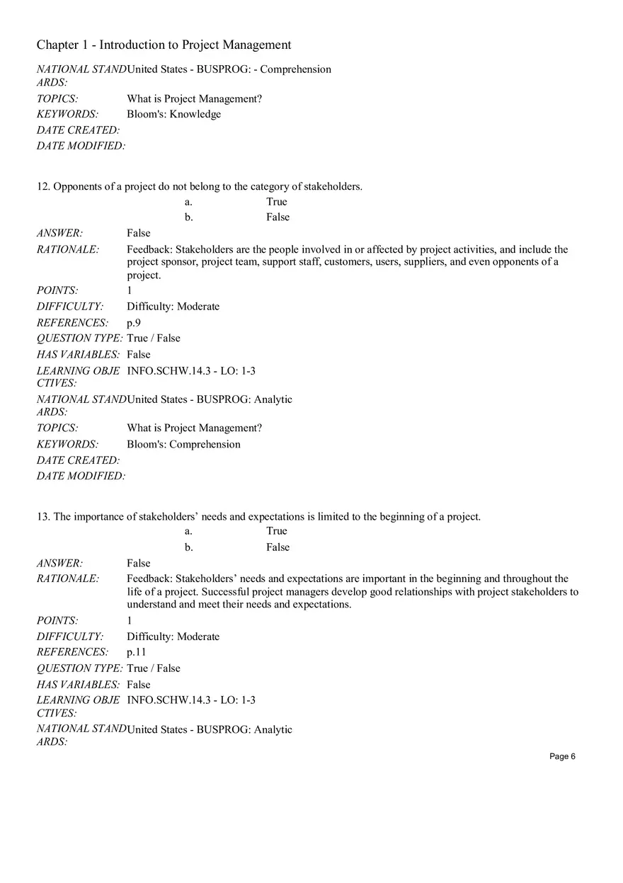 Chapter 1 Introduction to Project Management True False - Page 10