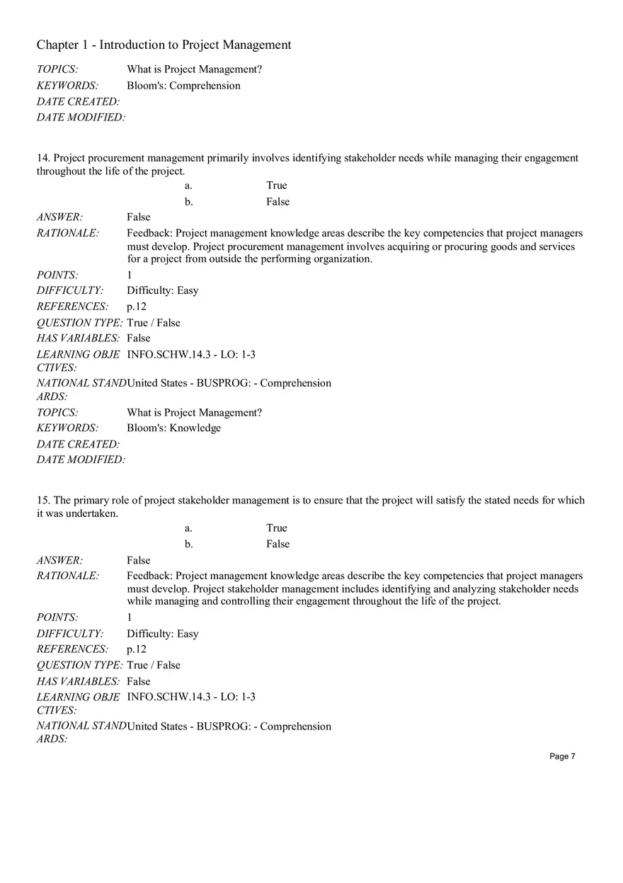 Chapter 1 Introduction to Project Management True False - Page 11