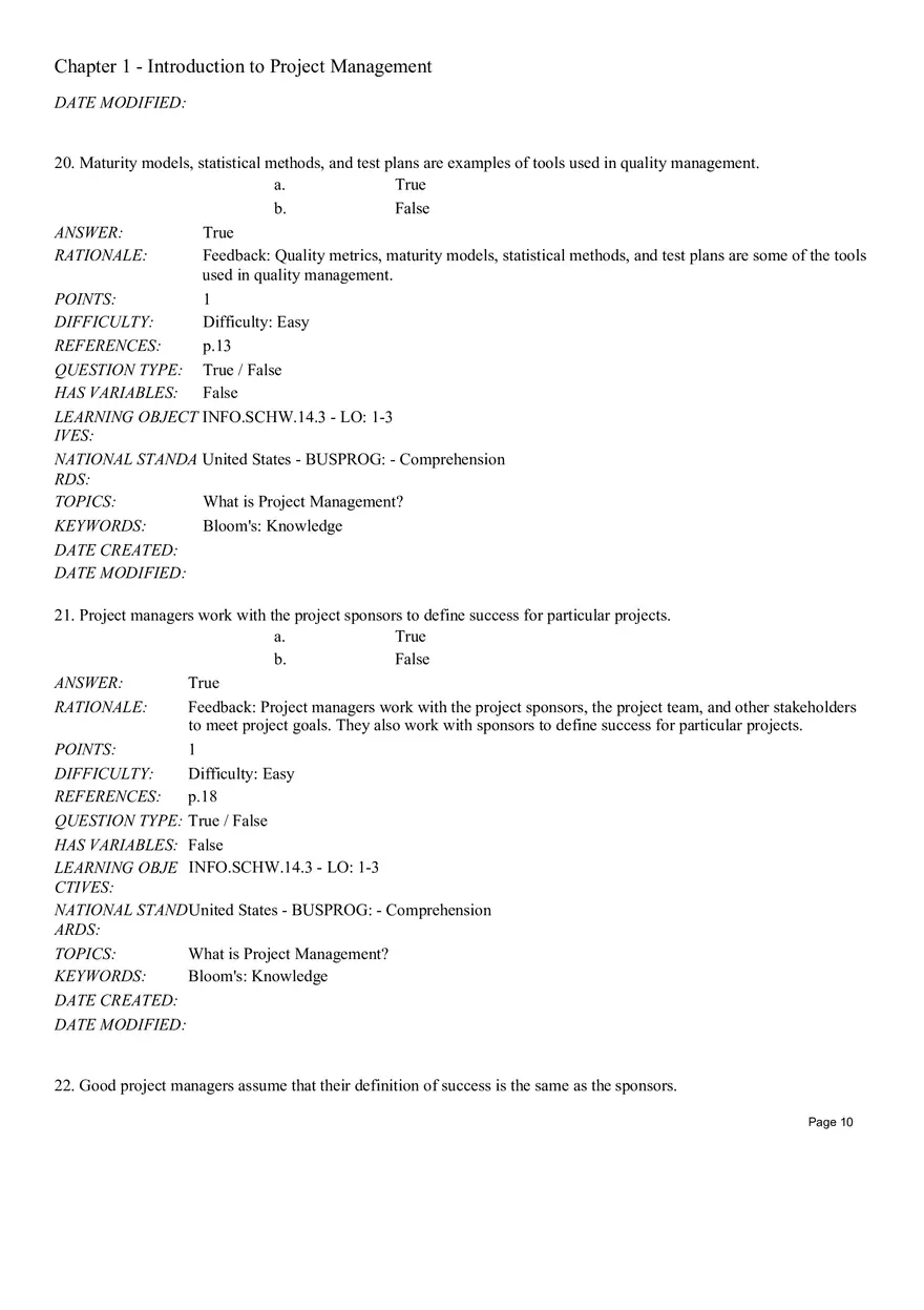 Chapter 1 Introduction to Project Management True False - Page 14