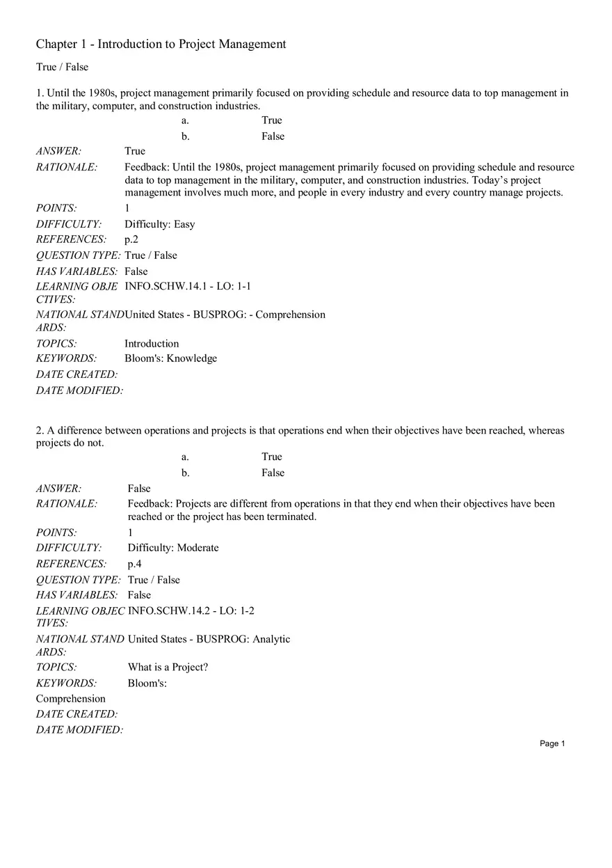 Chapter 1 Introduction to Project Management True False - Page 1