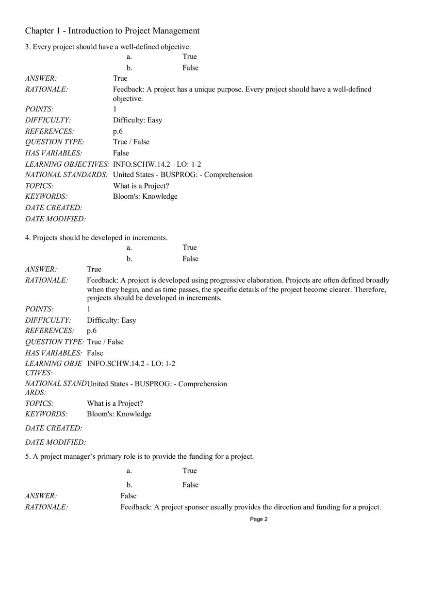 Chapter 1 Introduction to Project Management True False - Page 2