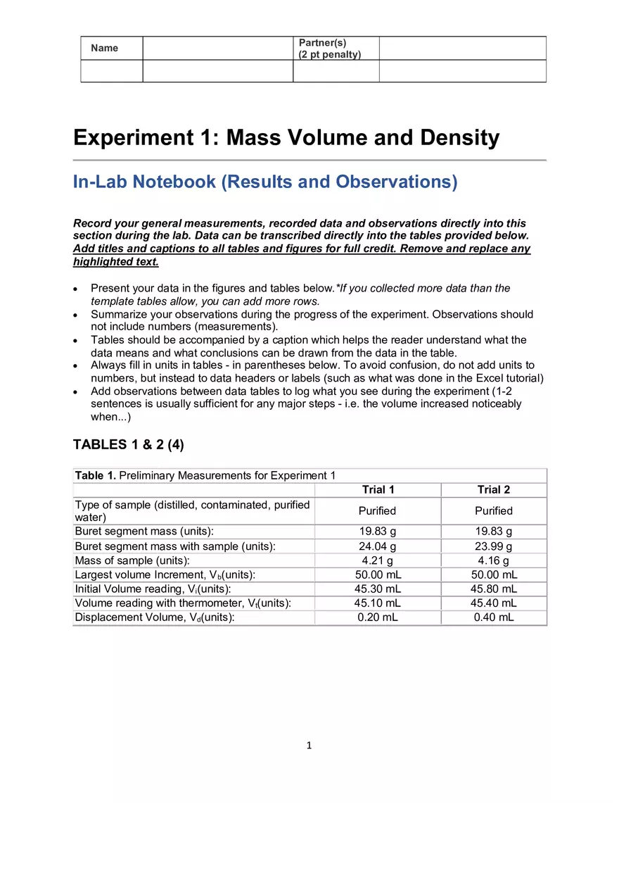 Experiment 1 Mass Volume and Density - Page 1