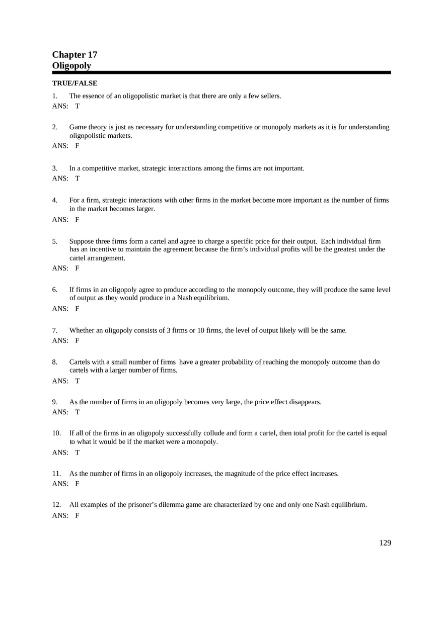 Chapter 17 Oligopoly True False - Page 1