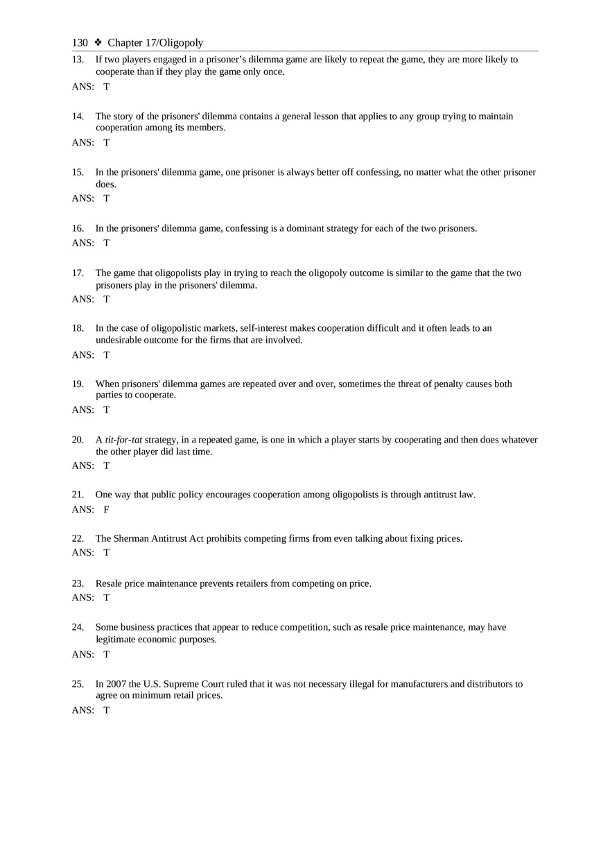 Chapter 17 Oligopoly True False - Page 2