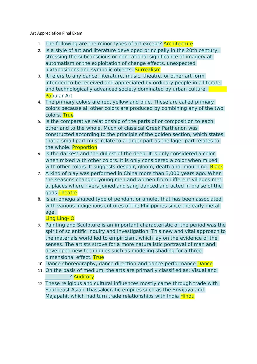 Art Appreciation Final Exam - Page 1