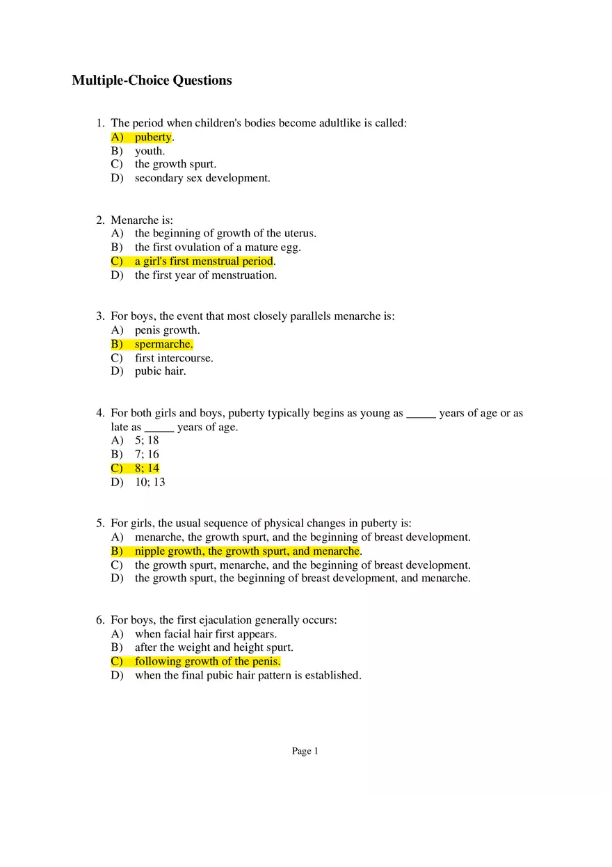 Chapter 09 Adolescence Multiple-Choice Questions 1 - Page 1
