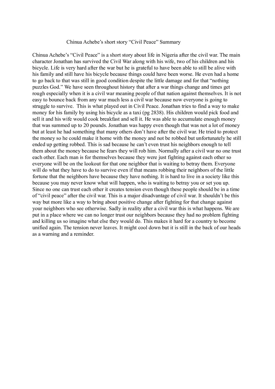 Chinua Achebe’s Short Story “Civil Peace” Summary - Page 1