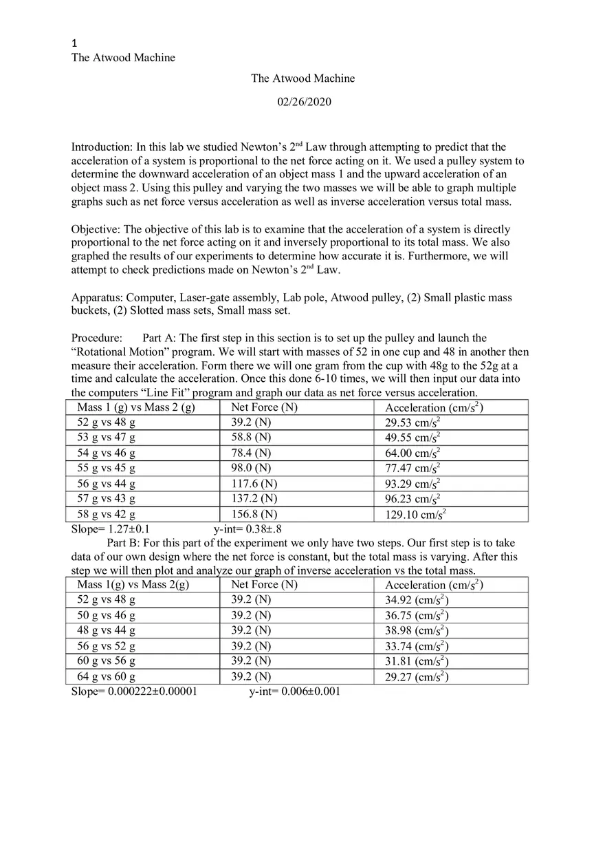 The Atwood Machine Lab Report - Page 1