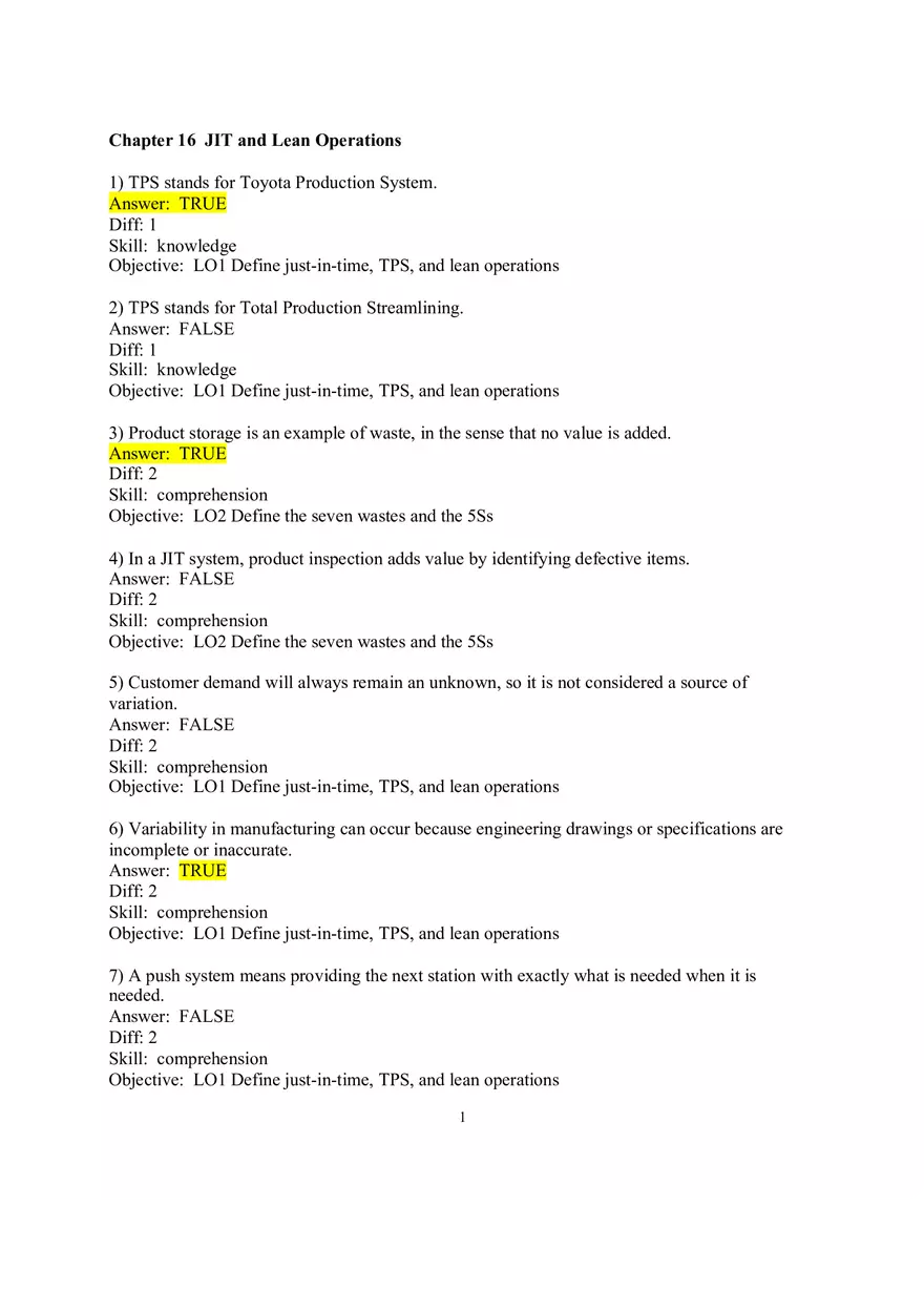 Chapter 16  JIT and Lean Operations Answers Part 1 - Page 1
