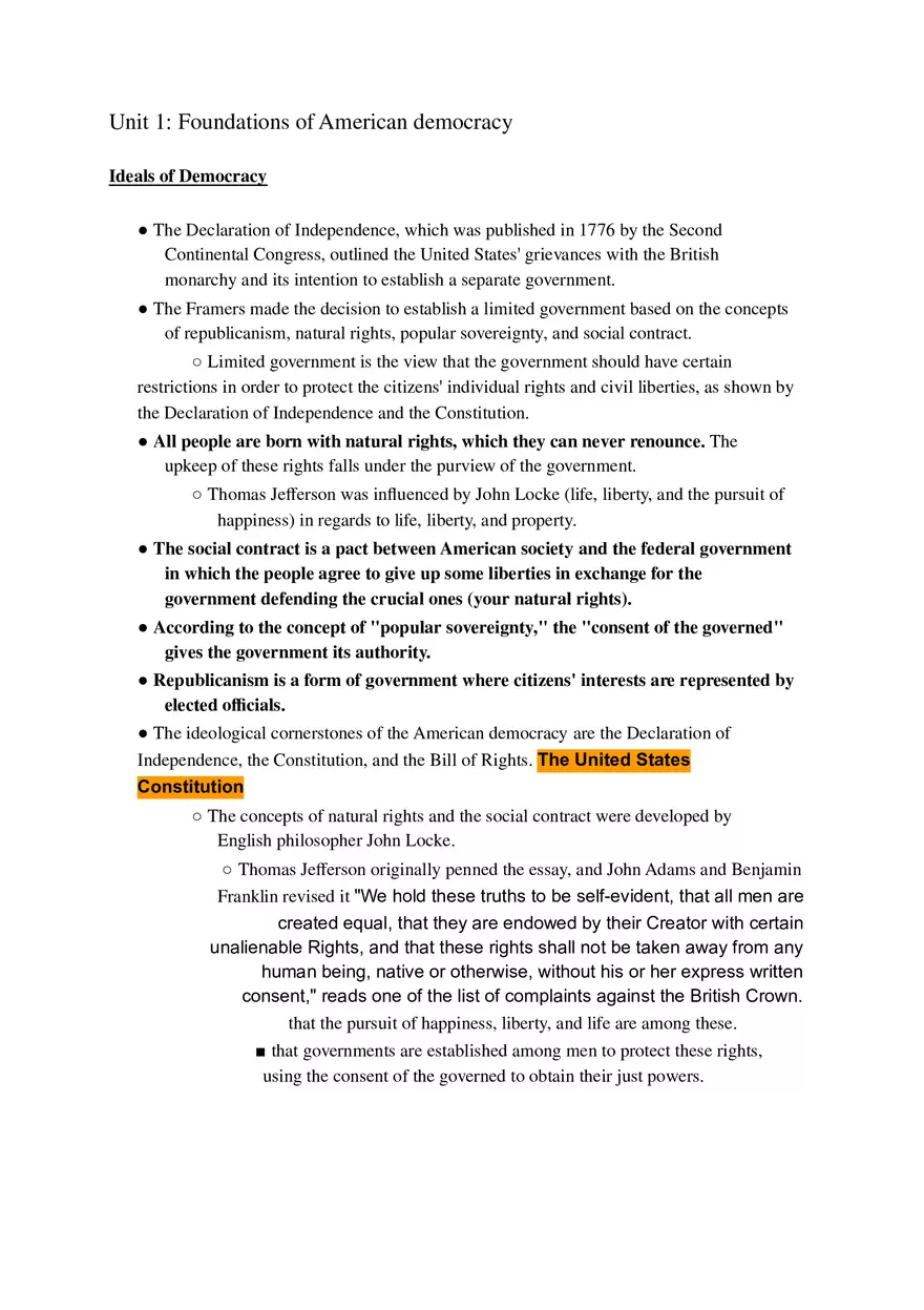 Unit 1 Foundations of American Democracy Study Guide - Page 1