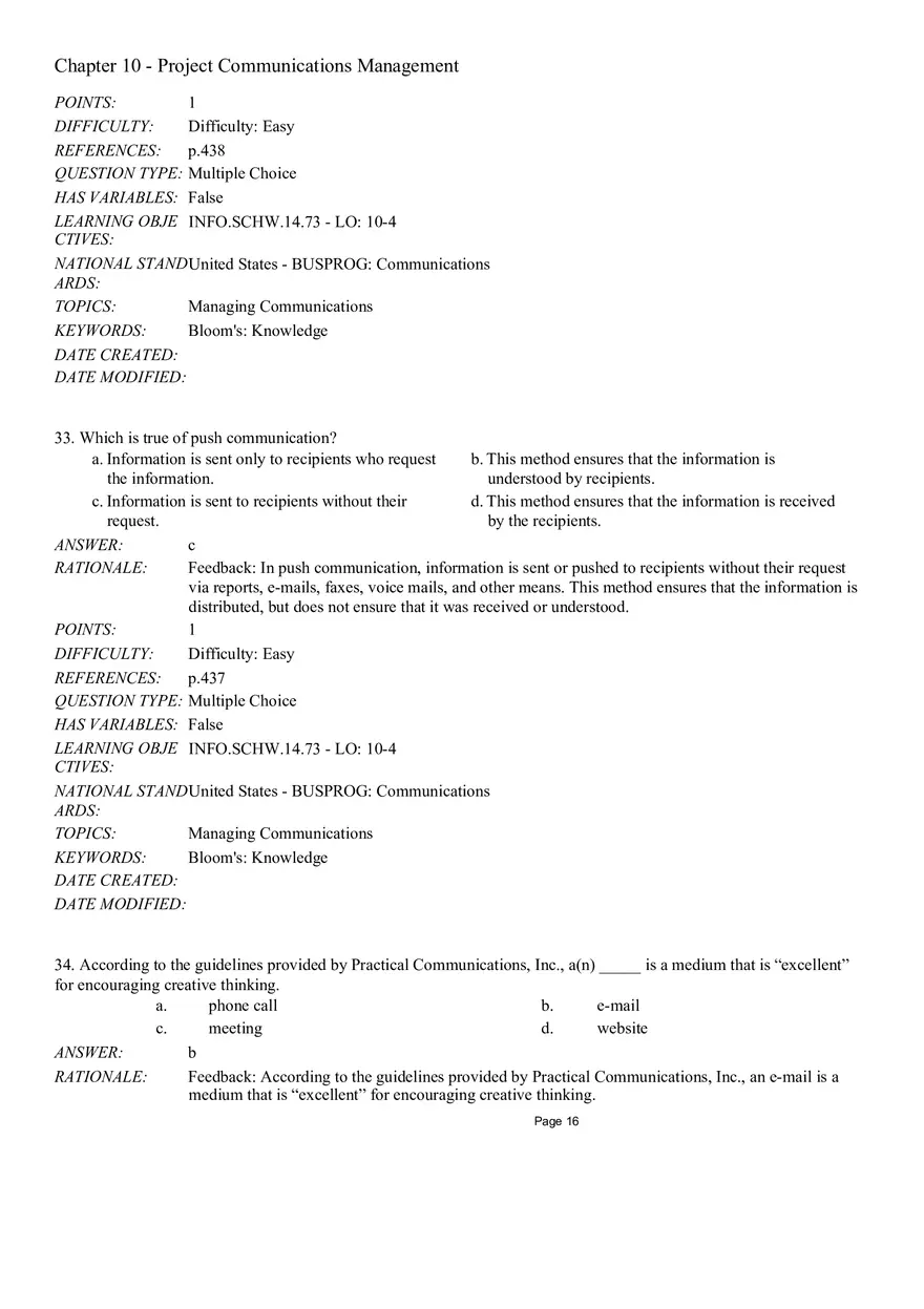 Chapter 10 - Project Communications Management Multiple Choice - Page 22