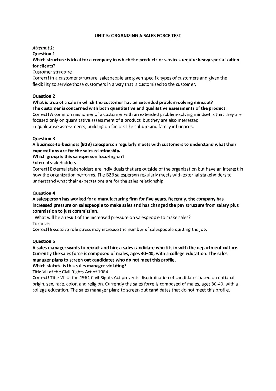 Unit 5 Organizing a Sales Force Test - Page 1