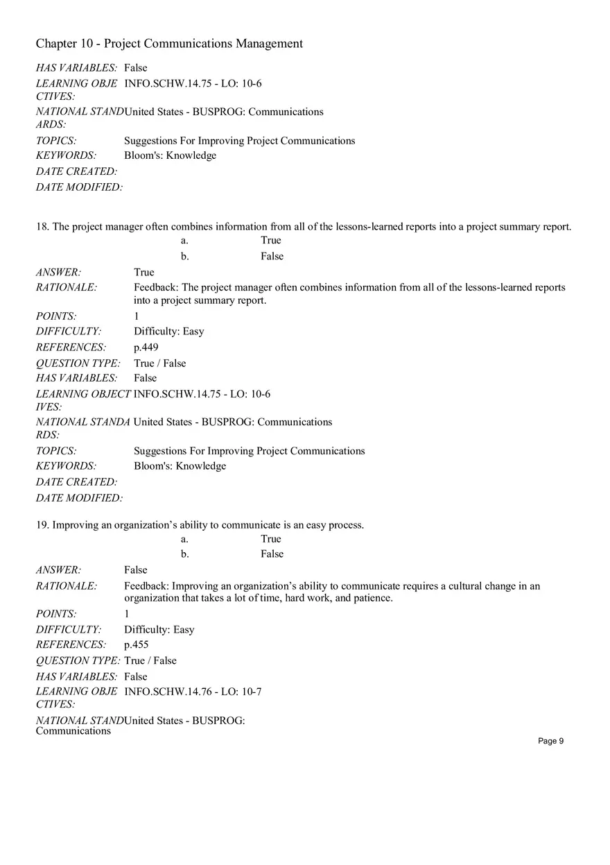 Chapter 10 - Project Communications Management True False - Page 9