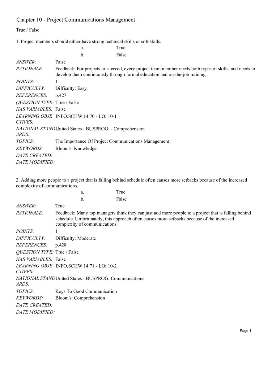 Chapter 10 - Project Communications Management True False - Page 1