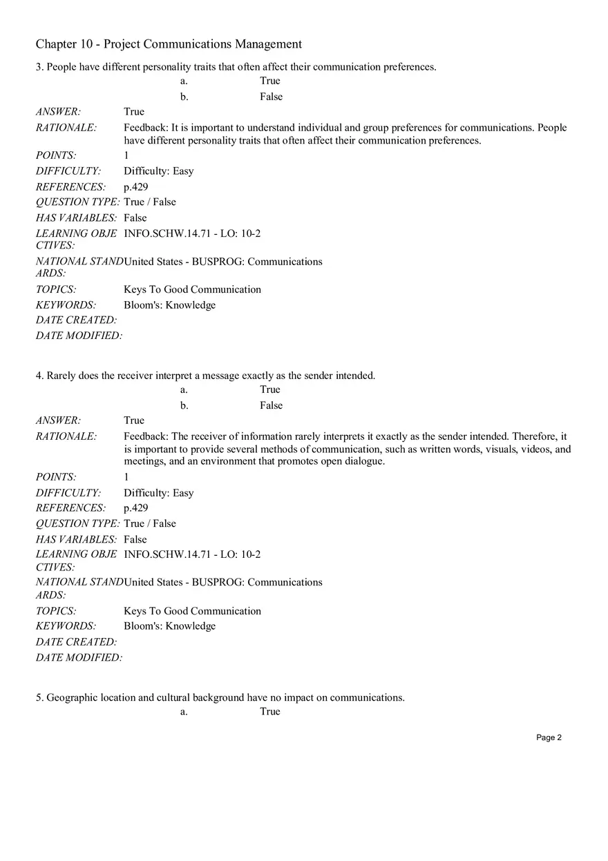 Chapter 10 - Project Communications Management True False - Page 2