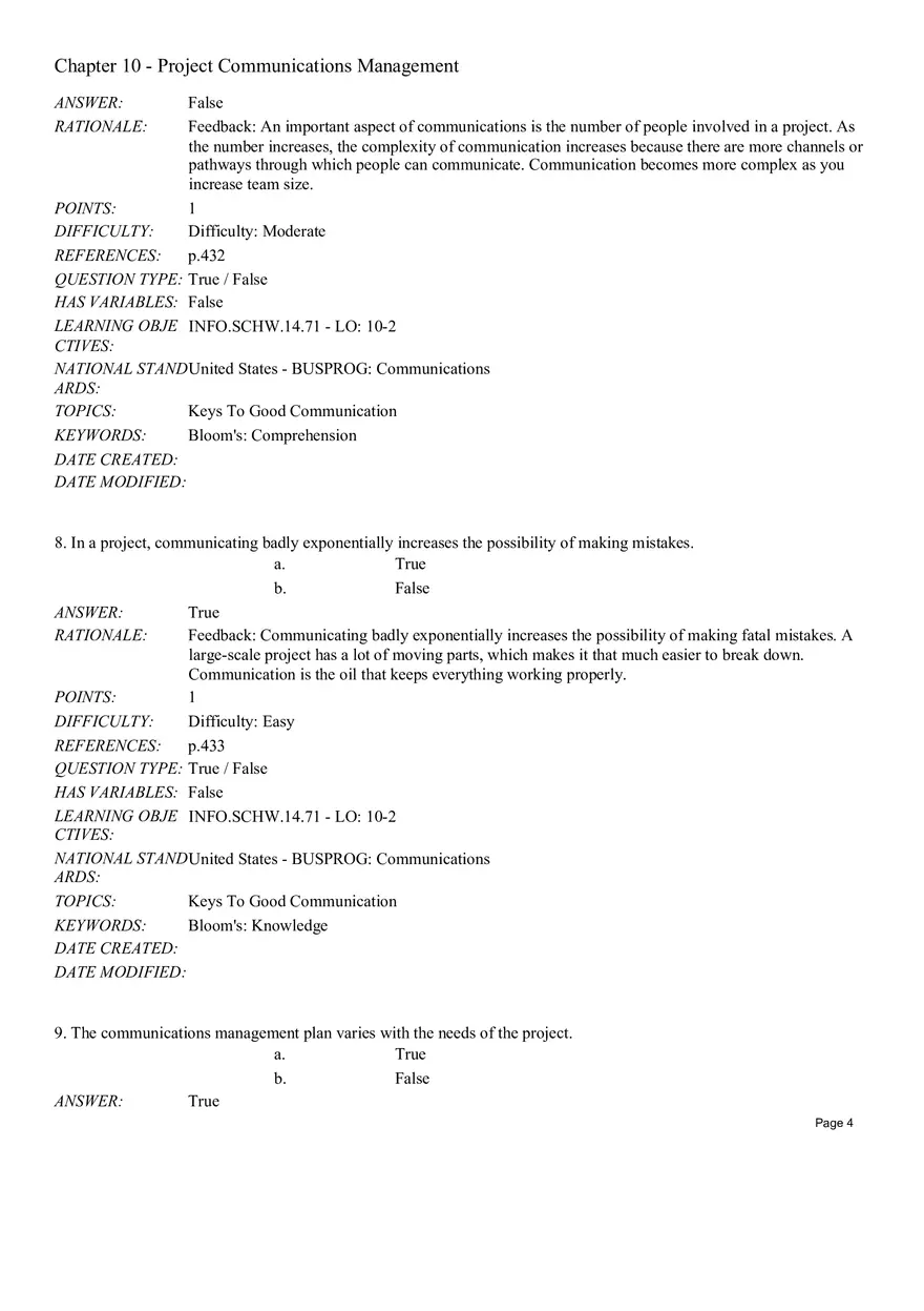 Chapter 10 - Project Communications Management True False - Page 4