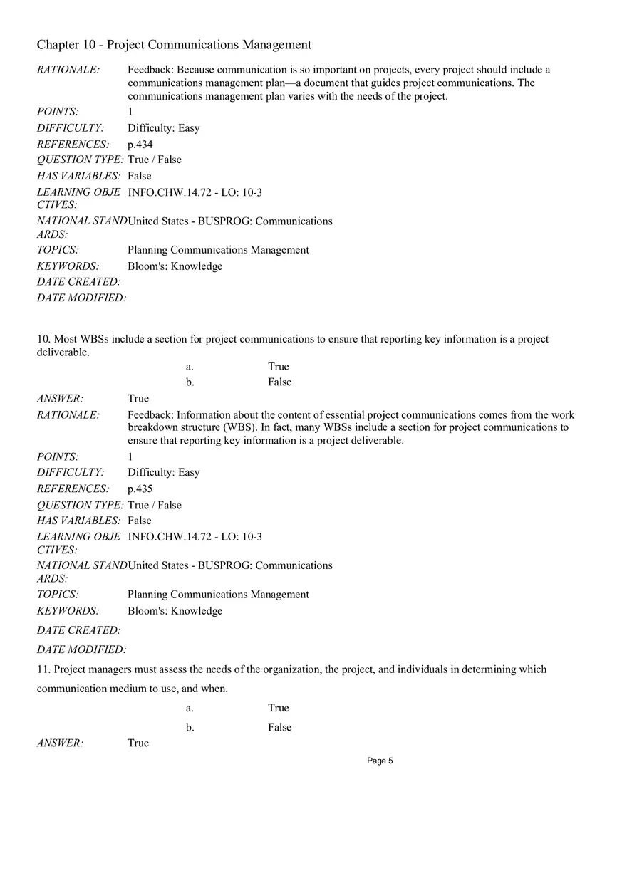 Chapter 10 - Project Communications Management True False - Page 5