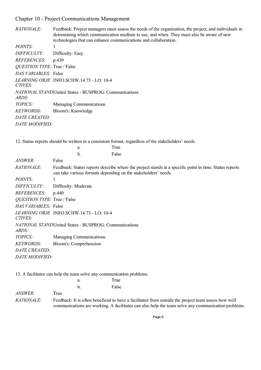 Chapter 10 - Project Communications Management True False - Page 6