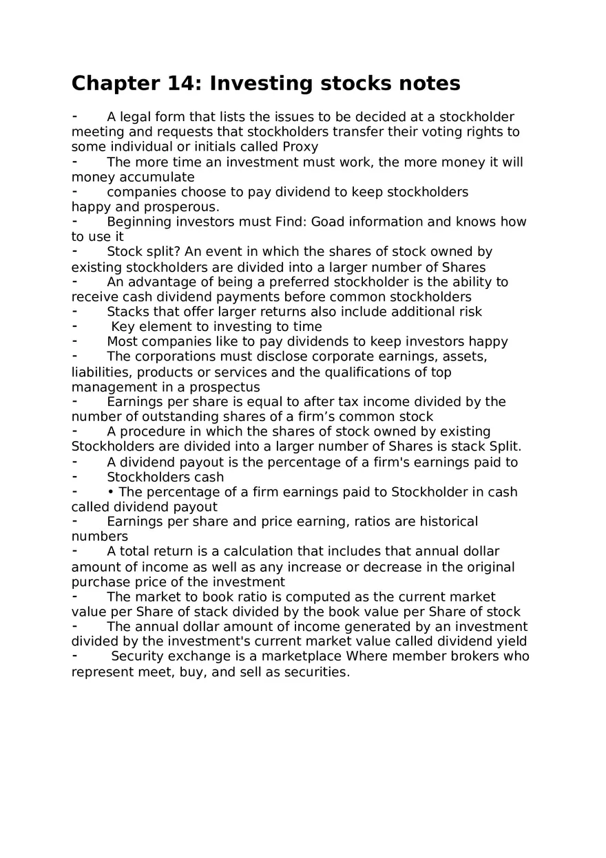 Chapter 14 Investing Stocks Notes - Page 1