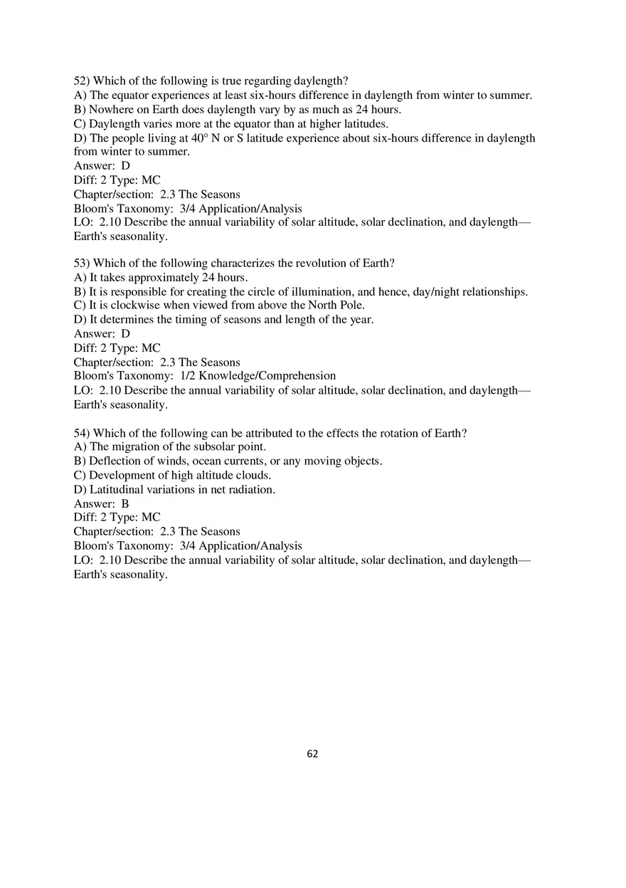 Chapter 2 Solar Energy to Earth and the Seasons Multiple Choice - Page 7