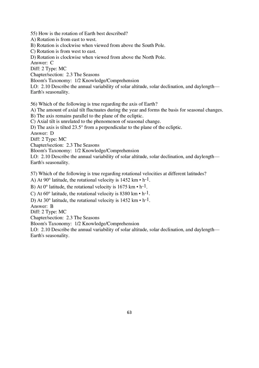 Chapter 2 Solar Energy to Earth and the Seasons Multiple Choice - Page 8