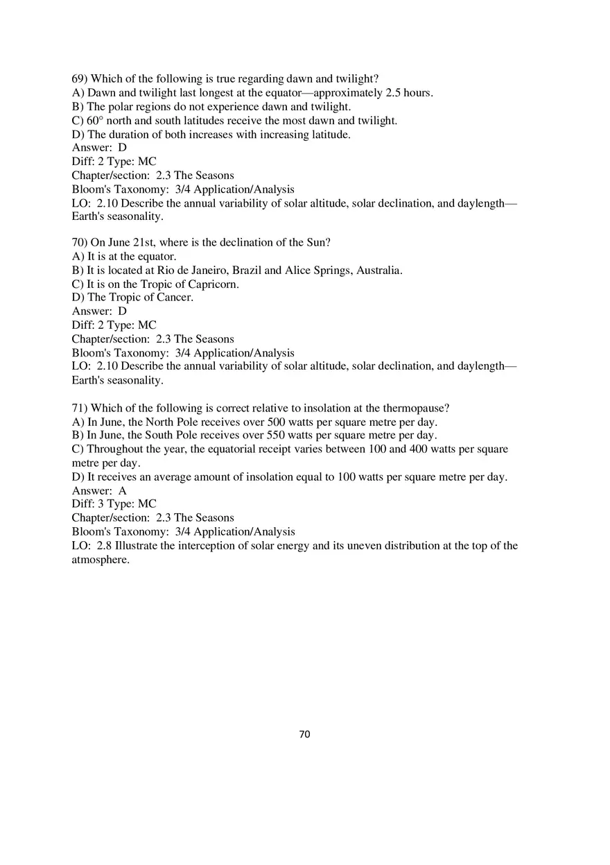Chapter 2 Solar Energy to Earth and the Seasons Multiple Choice - Page 16