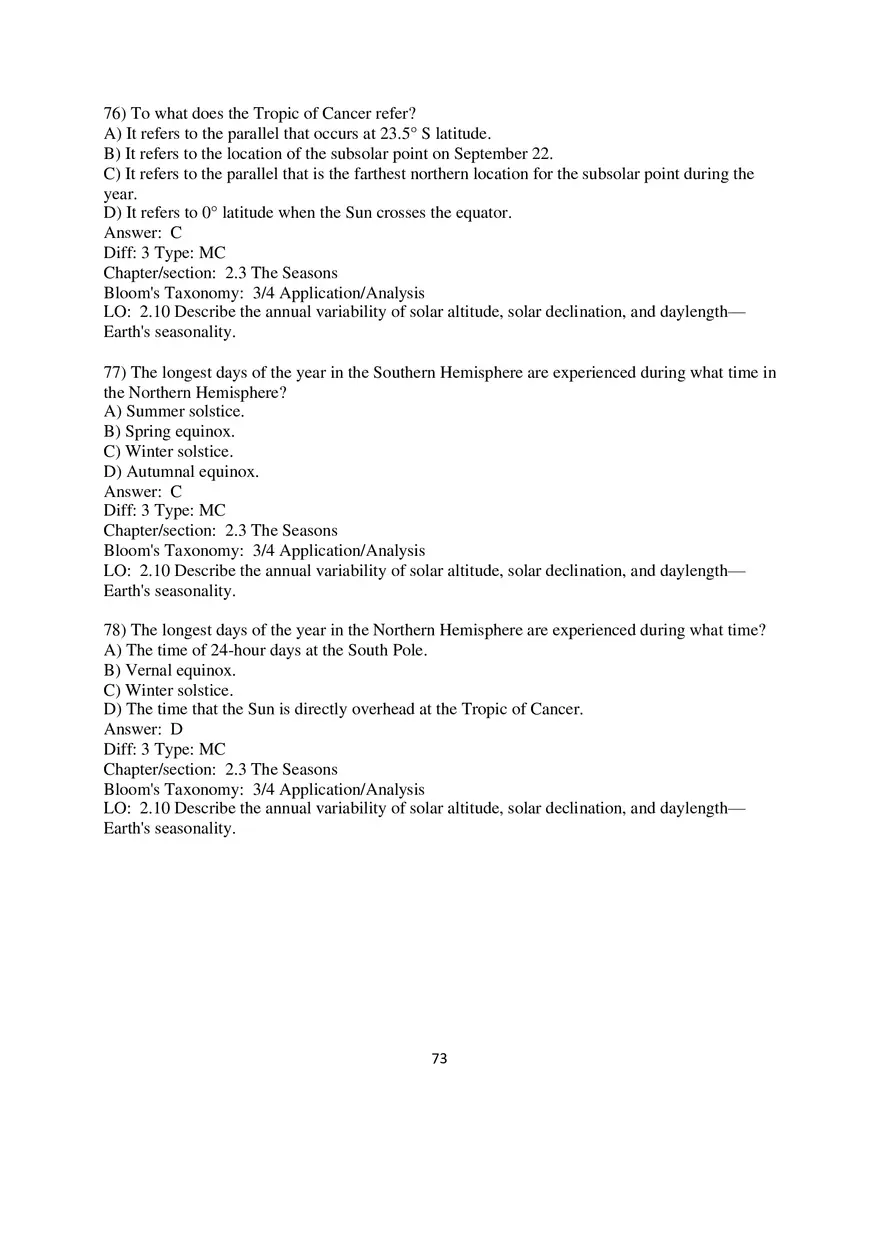 Chapter 2 Solar Energy to Earth and the Seasons Multiple Choice - Page 19