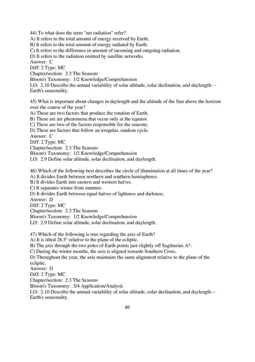Chapter 2 Solar Energy to Earth and the Seasons Multiple Choice - Page 5