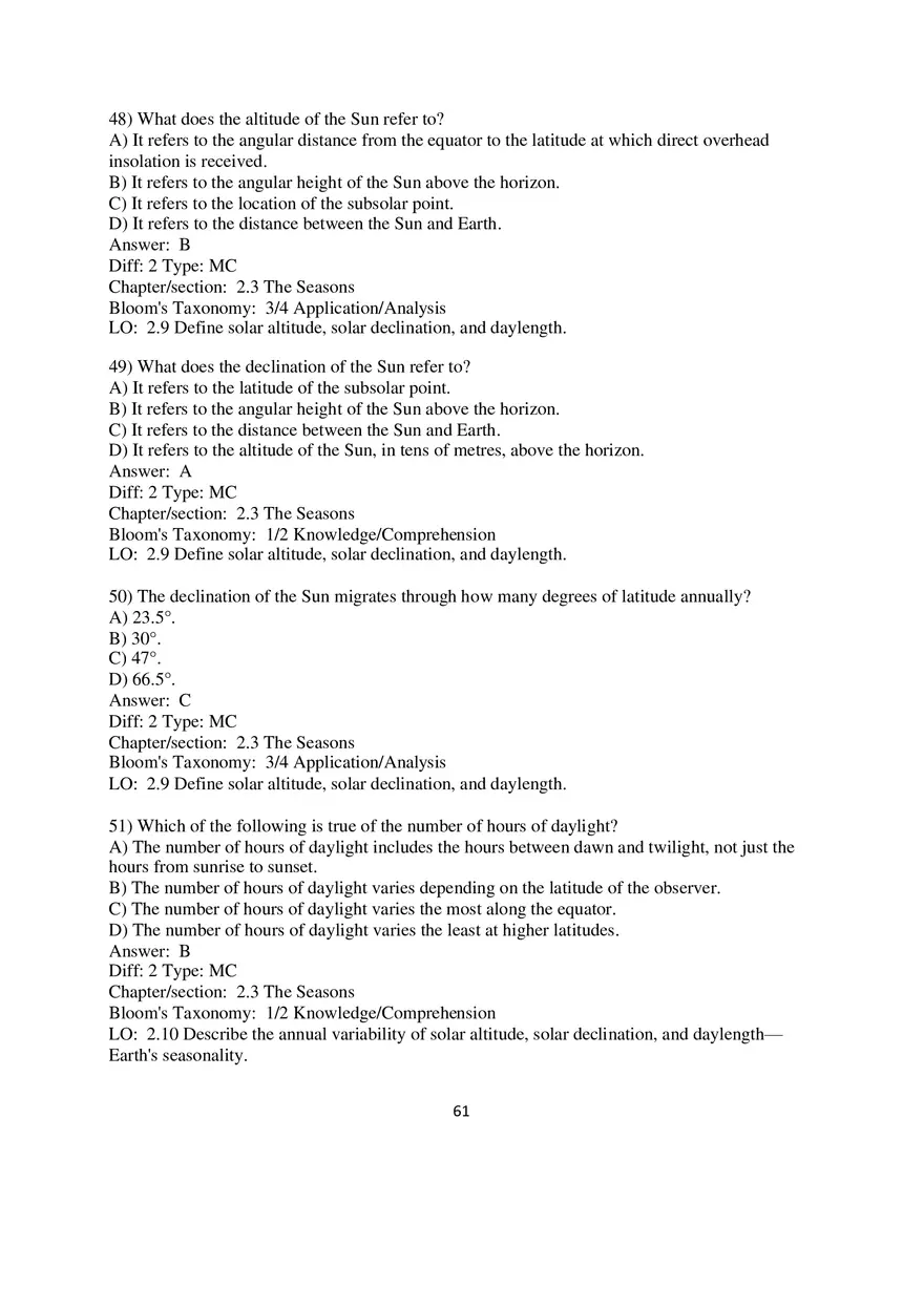 Chapter 2 Solar Energy to Earth and the Seasons Multiple Choice - Page 6