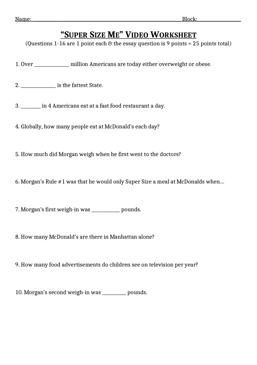 Super Size Me Video Worksheet Answer Key - Page 1