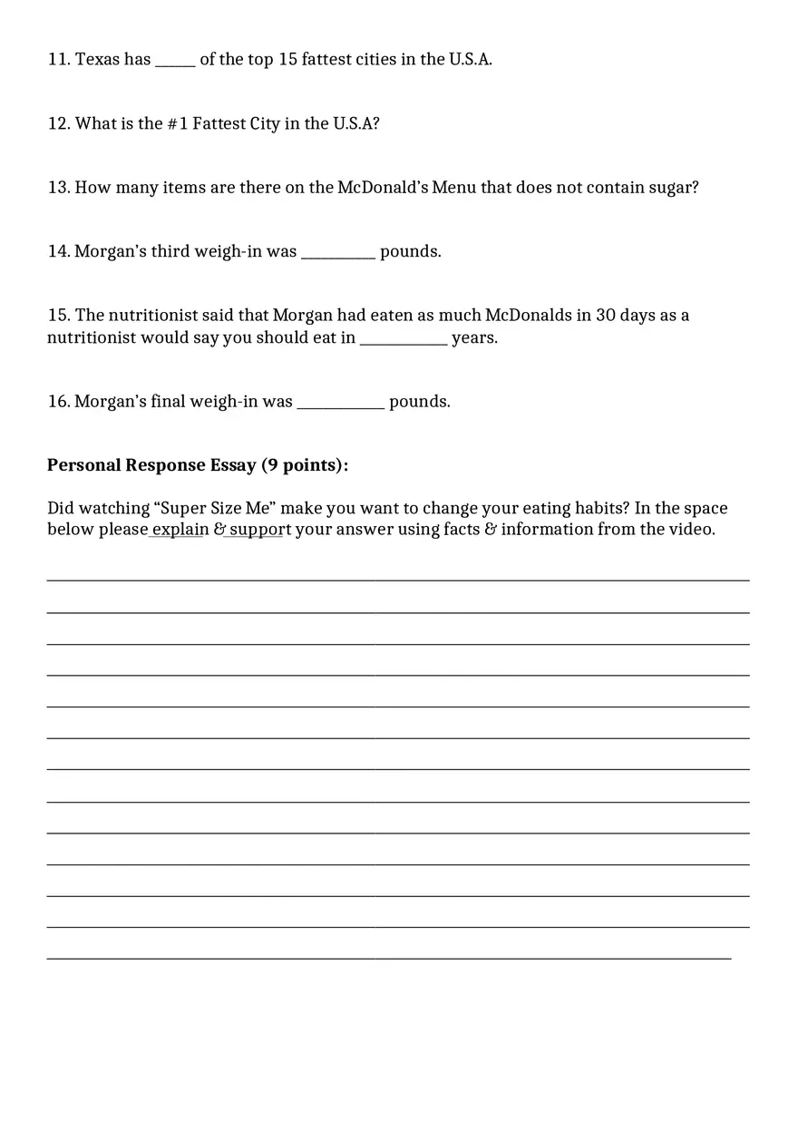 Super Size Me Video Worksheet Answer Key - Page 2