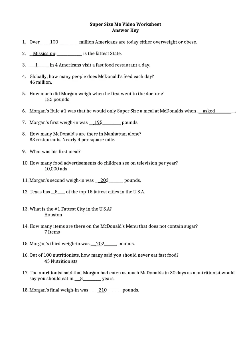 Super Size Me Video Worksheet Answer Key - Page 3