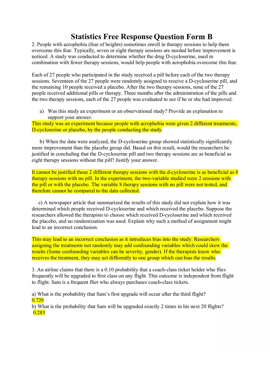 Statistics Free Response Question Form B - Page 1