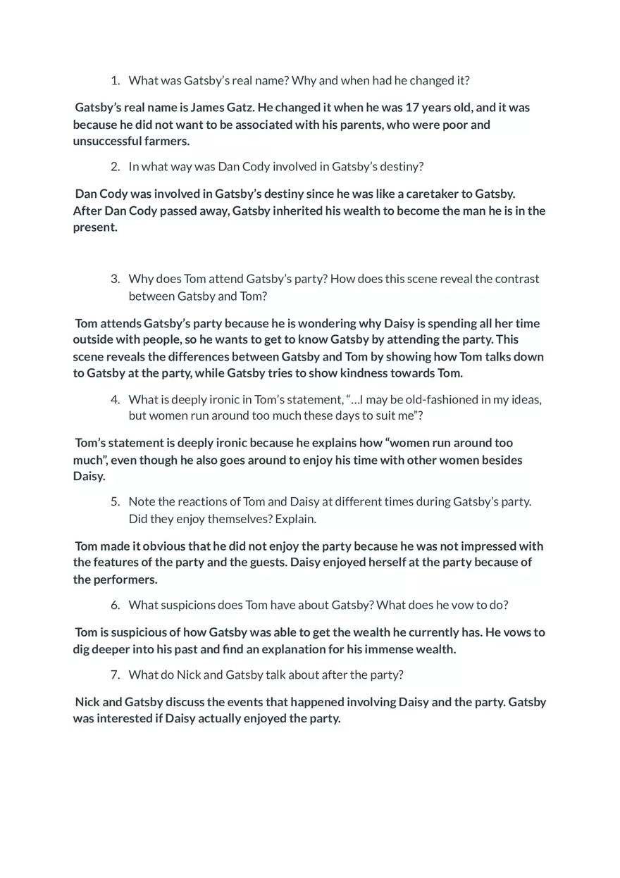 Great Gatsby Questions - Page 1