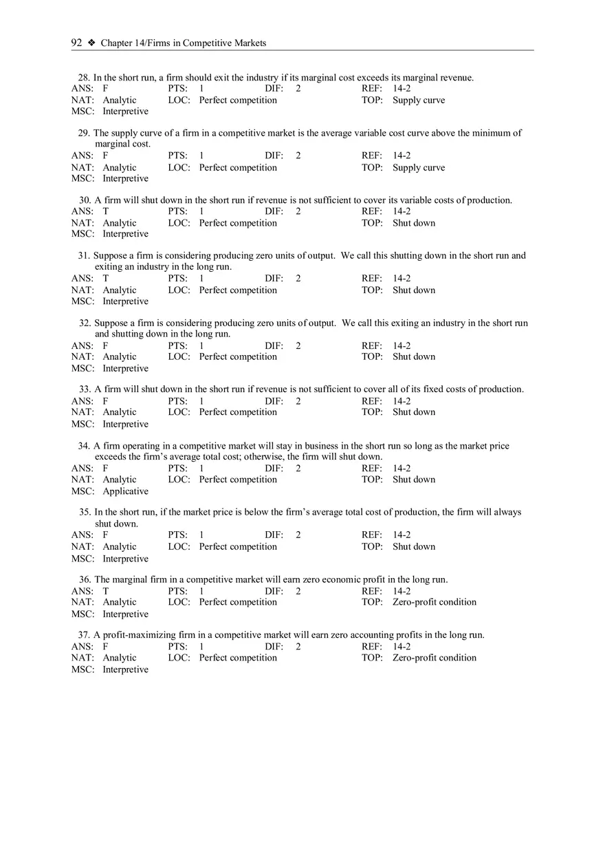Chapter 14 Firms in Competitive Markets Multiple Choice True False - Page 4